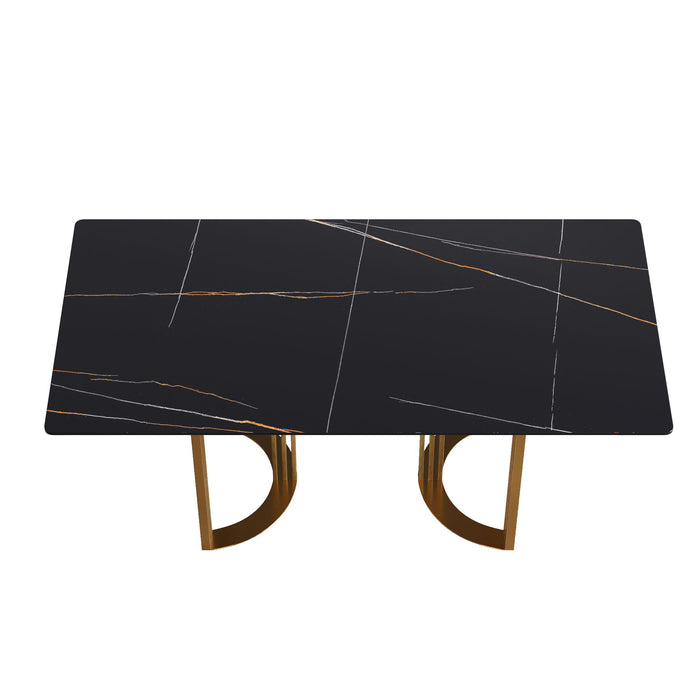 70.87" Modern Artificial Stone Straight Edge Metal Leg Dining Table, Can Accommodate 6-8 People - Black / Gold