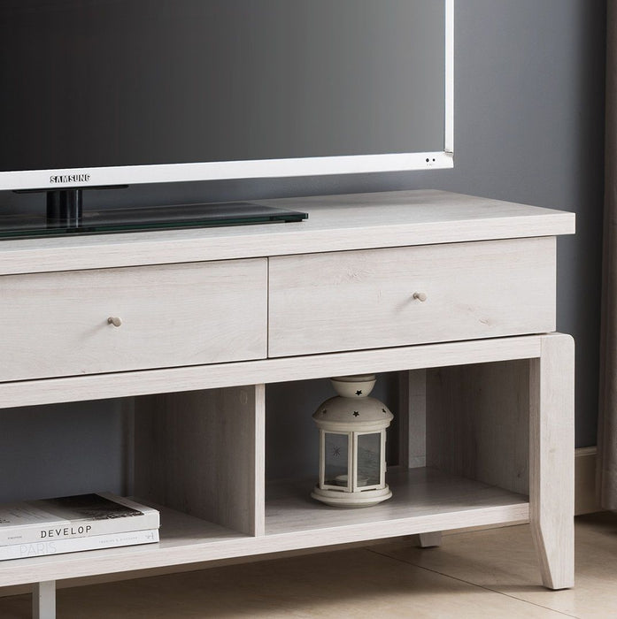 Modern TV Stand With Three Open Shelves And Three Drawers - White