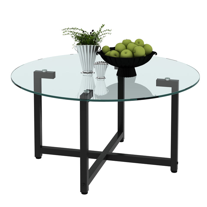 Round Transparent Glass Coffee Table, Clear Coffee Table, Modern Side Center Tables For Living Room - Transparent / Black