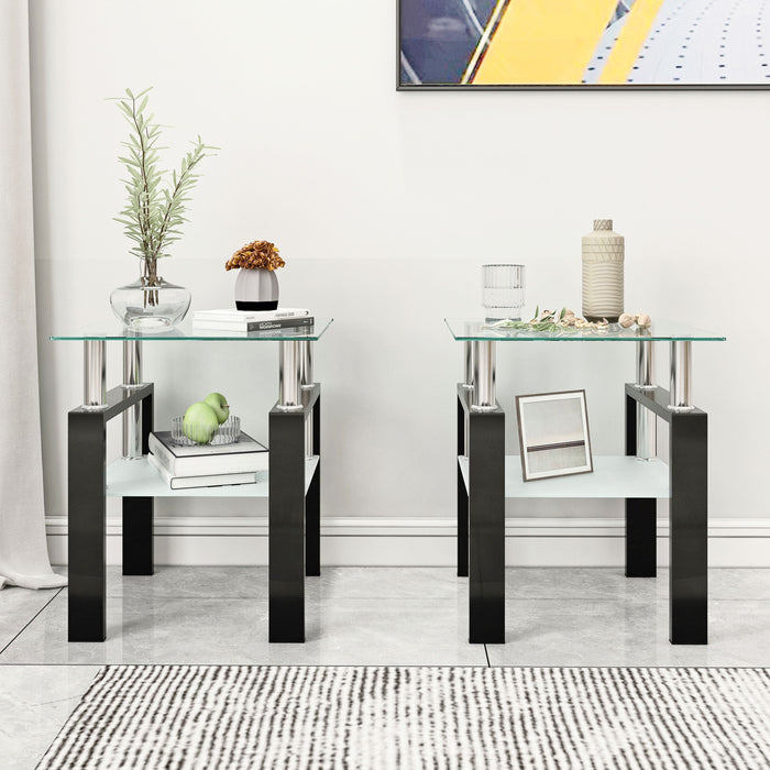 Modern Tempered Glass Tea Table, End Square Table For Living Room (Set of 2) - Transparent / Black