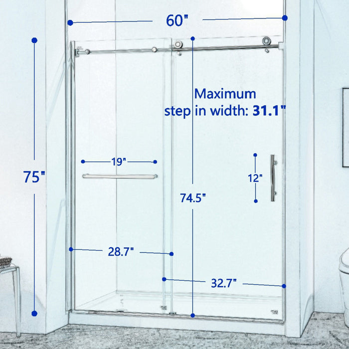 Semi-Frame Single Sliding Shower Door, 304 Stainless Steel, 5 / 16" (8Mm) Thick Sgcc Tempered Clear Glass