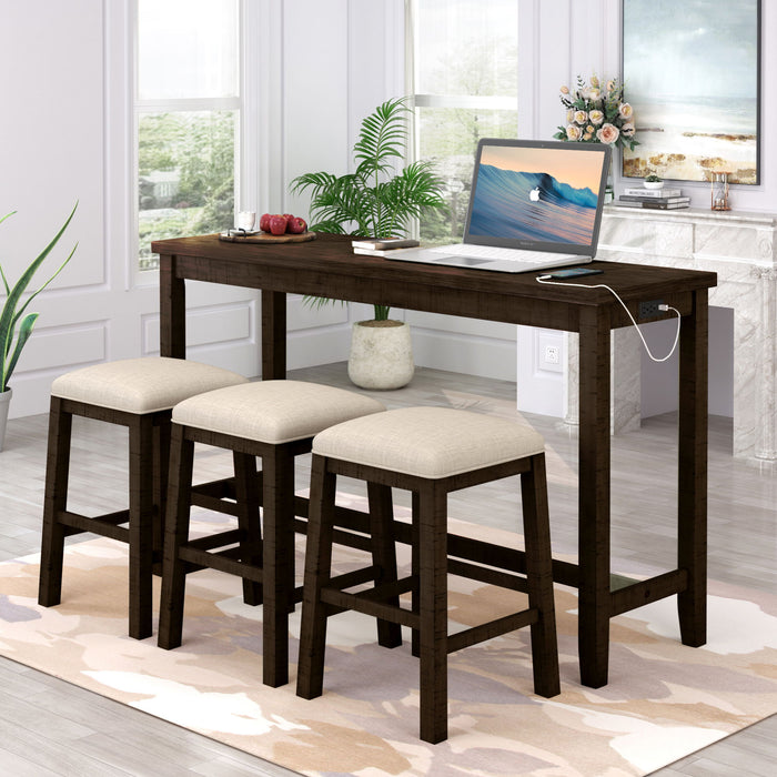 Topmax - 4 Pieces Counter Height Table With Fabric Padded Stools, Rustic Bar Dining Set With Socket