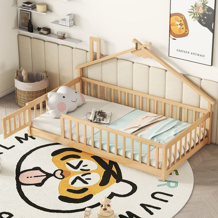 House-Shaped Bedside Floor Bed With Guardrails, Slats, With Door