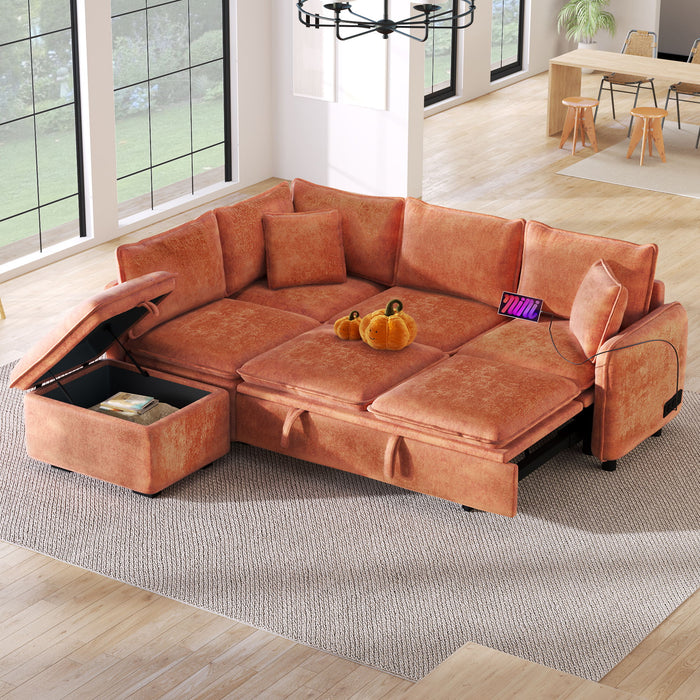 Convertible Sofa Bed Sectional Sofa Sleeper L-Shaped Sofa With A Storage Ottoman, Two Pillows, Two Power Sockets And Two USB Ports For Living Room