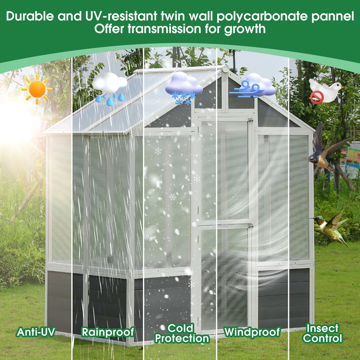 Greenhouse, Wooden Greenhouse Polycarbonate Garden Shed For Plants, Walk-In Outdoor Plant Gardening Greenhouse For Patio Backyard Lawn, Grow House With Front Entry Door - White / Gray