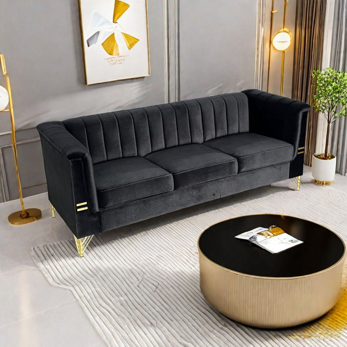 Fx-P82-Bk (Sofa) Modern Sofa Couches For Living Room, Velvet Tight Back Chesterfield Design Couch Upholstered Sofa With Metal Legs Decor Furniture For Bedroom - Black