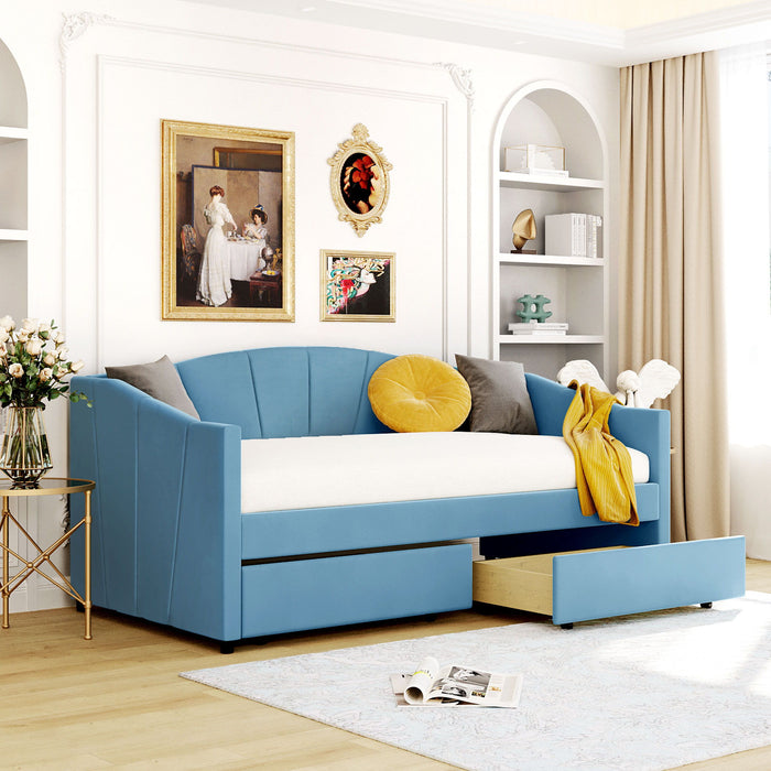 Twin Size Upholstered Daybed With Two Drawers And Wood Slat - Blue