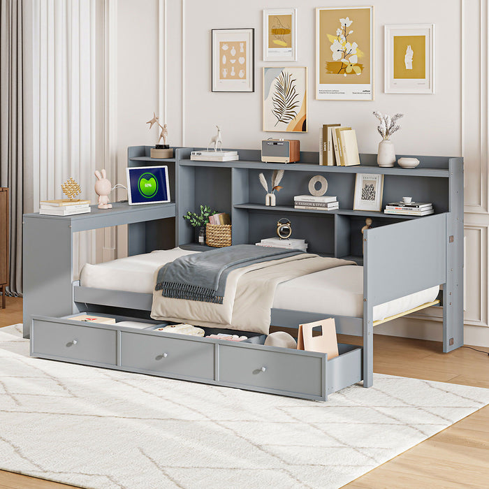 Twin Size Wooden Daybed With 3 Drawers, USB Ports And Desk - Gray