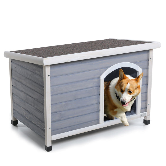 Medium Wooden Outdoor Dog House, Waterproof Roof, Elevated Floor, Adjustable Plastic Feet - Gray