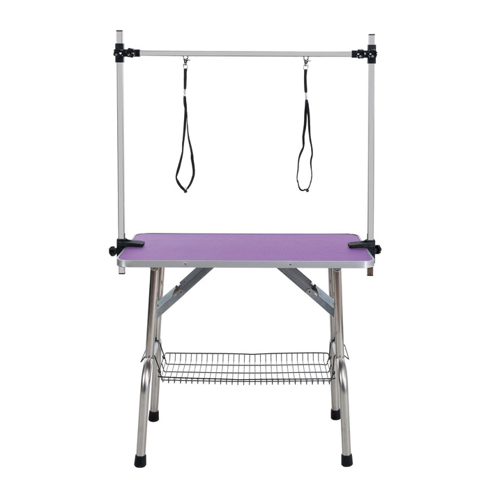 Folding Dog Pet Grooming Table Stainless Steel Frame Rubber Mat On Board With Adjustable Arm And Clamps Pet Dog Cat Grooming Table - Purple