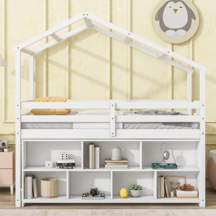 Twin House Loft Bed With Roof Frame, Under Bed Shelving Storage Unit, Guardrails, Ladder - White