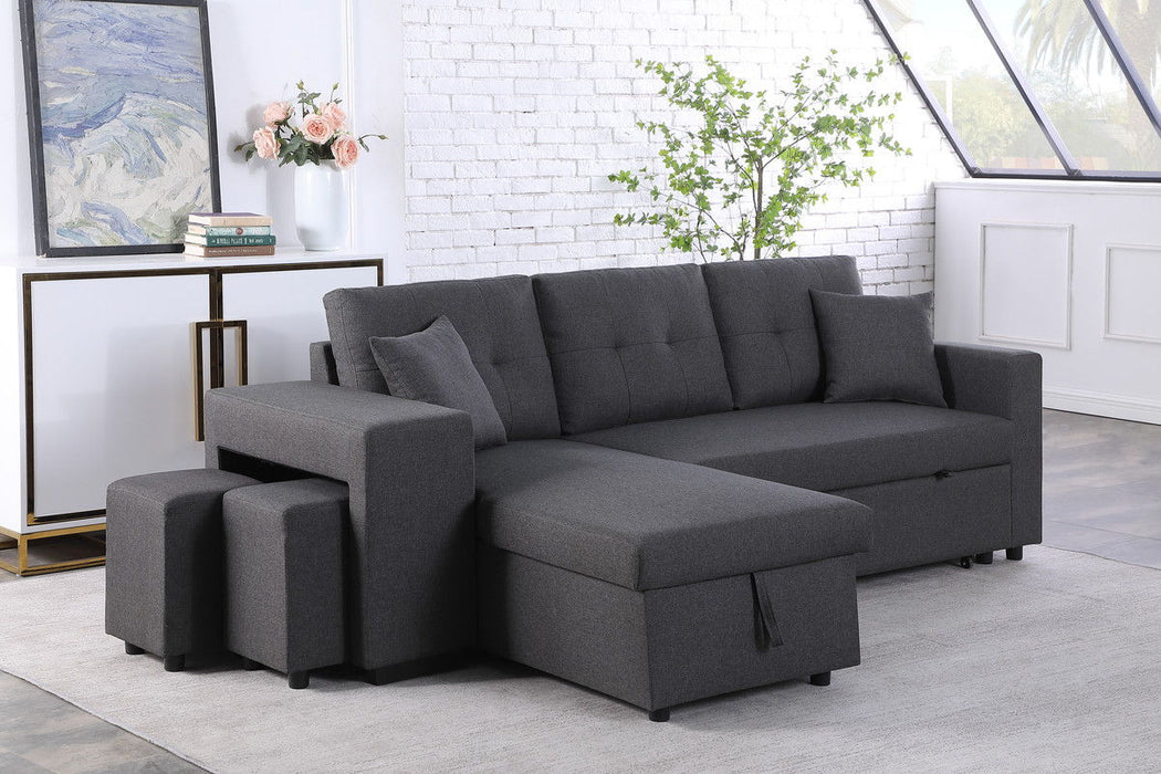 Dennis - Linen Fabric Reversible Sleeper Sectional With Storage Chaise And 2 Stools