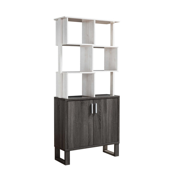 Multi Level Display Cabinet, Two Door Storage Cabinet With Shelving - White Oak / Distressed Gray