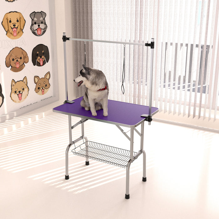 Folding Dog Pet Grooming Table Stainless Steel Frame, Rubber Mat On Board With Adjustable Arm And Clamps Pet Dog Cat Grooming Table - Purple