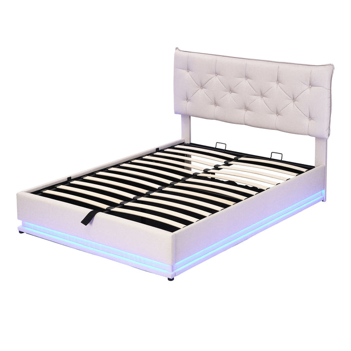 Upholstered Bed With Hydraulic Storage System And LED Light, Modern Platform Bed With Button-Tufted Design Headboard