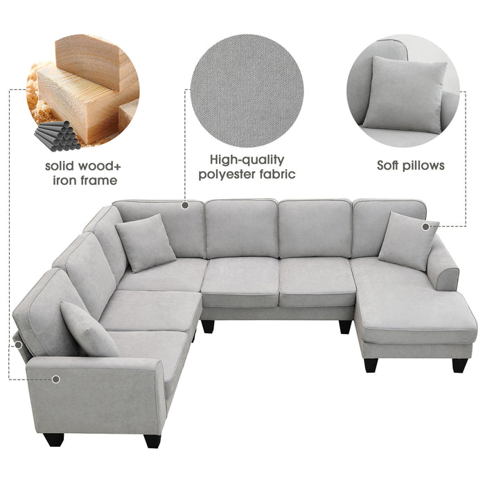 Modern U Shape Sectional Sofa, 7 Seat Fabric Sectional Sofa Set With 3 Pillows Included For Living Room, Apartment, Office