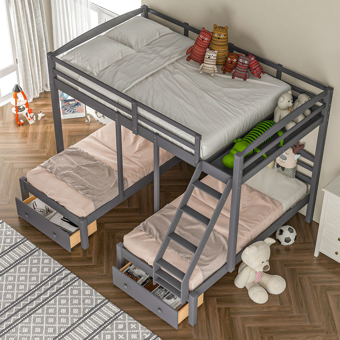 Full Over Twin & Twin Bunk Bed, Triple Bunk Bed With Drawers - Gray