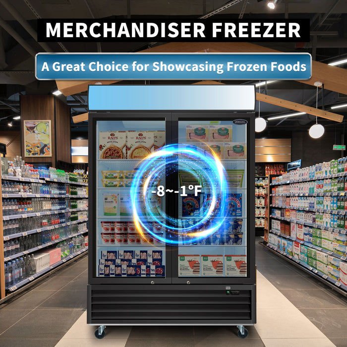 Glass Door Merchandiser Freezer 44.7 Cu.Ft Swing Door Commercial Reach-In Display Freezers With LED Top Panel Upright Freeze Storage - Black