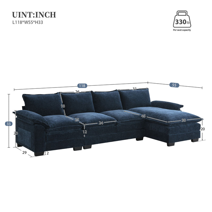 Modern L Shaped Chenille Cloud Sofa With Double Seat Cushions, 5 Seat Upholstered Indoor Furniture, Sleeper Sofa Couch With Chaise Lounge For Living Room, Apartment - Dark Navy