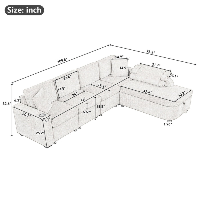 L-Shaped Couch Sectional Sofa With Storage Chaise, Cup Holder And USB Ports For Living Room