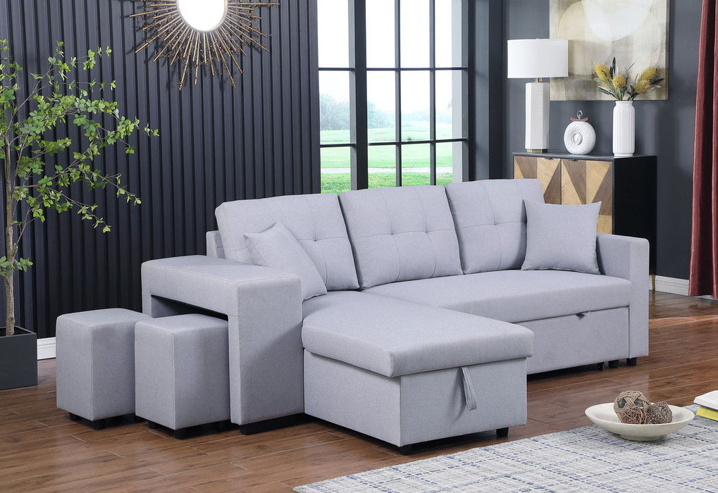 Dennis - Linen Fabric Reversible Sleeper Sectional With Storage Chaise And 2 Stools