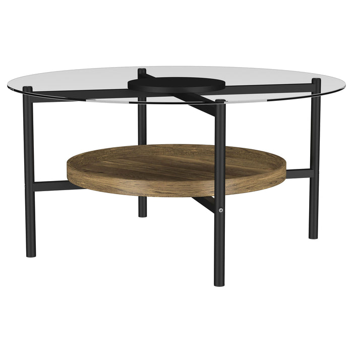 Delfin - Round Glass Top Coffee Table With Shelf - Black / Brown