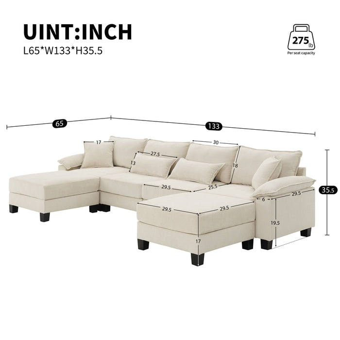 Corduroy Modular Sectional Sofa, U Shaped Couch With Armrest Bags, 6 Seat Freely Combinable Sofa Bed, Comfortable And Spacious Indoor Furniture For Living Room