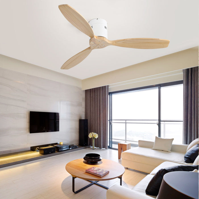 Decorative Solid Wood Ceiling Fan Without Light 6 Speed Remote Control Reversible Dc Motor For Home - Light Brown / White