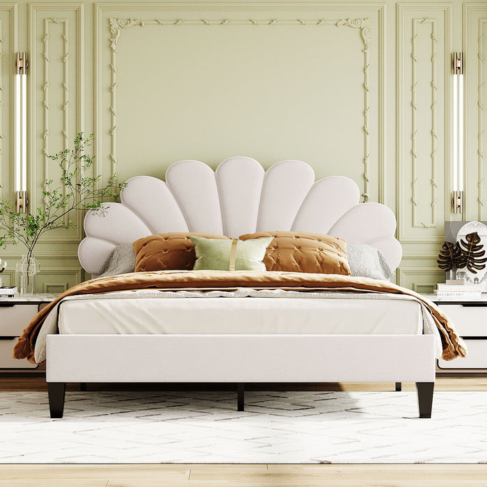 Queen Size Upholstered Platform Bed With Flower Pattern Velvet Headboard - Beige