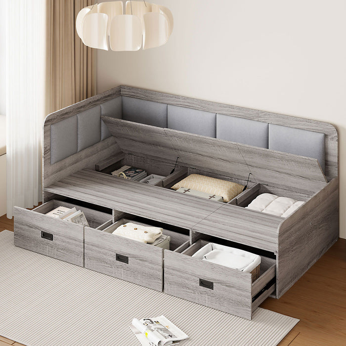 Twin Size Daybed With Three Drawers And Three Storage Compartments - Gray