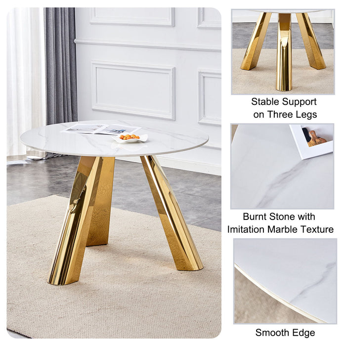 Marble Grained Stone Round Table Three - Legged Round Table With Stainless Steel Plated Legs Natural Healthy And Environmentally Friendly Round Table