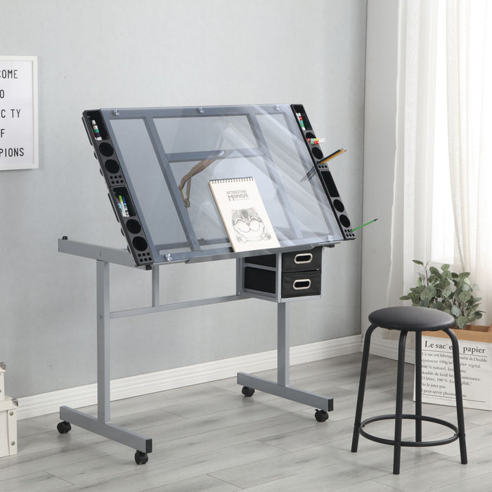 Adjustable Art Drawing Desk Craft Station Drafting With 2 Non-Woven Fabric Slide Drawers And 4 Wheels - Silver