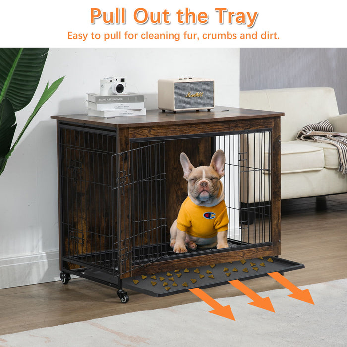 Dog Crate Furniture With Cushion, Wooden Dog Crate Table, Double-Doors Dog Furniture, Dog Kennel Indoor For Small Dog, Dog House, Dog Cage Small