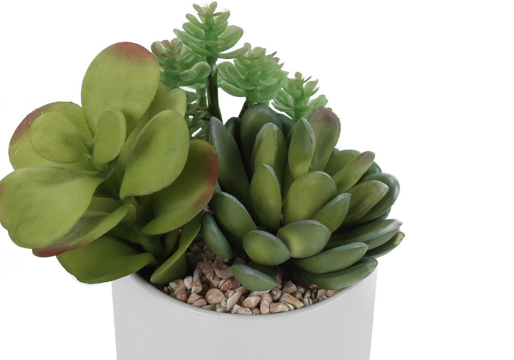 Artificial Plant, 7" Tall, Succulent, Indoor, Faux, Fake, Table, Greenery, Potted, Decorative (Set of 2) - Green / White