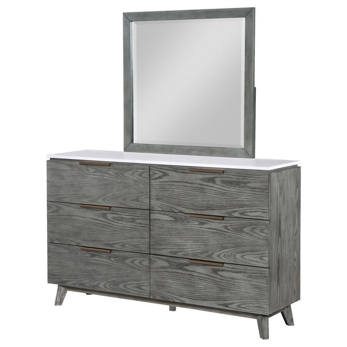 Nathan - 6-Drawer Dresser With Mirror - White Marble And Grey