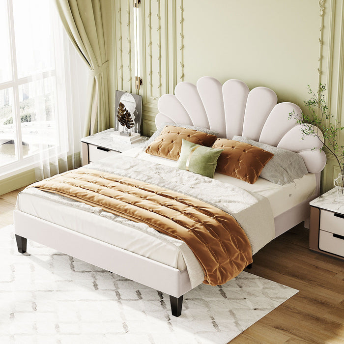 Queen Size Upholstered Platform Bed With Flower Pattern Velvet Headboard - Beige