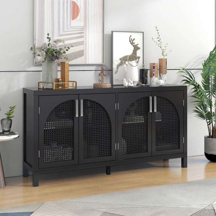 Large Storage Space Sideboard With Artificial Rattan Door And Metal Handles For Living Room And Entryway - Black