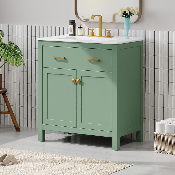 Bathroom Vanity With Ceramic Sink, Modern Single Bathroom Cabinet With 2 Doors And A Shelf, Soft Close Doors