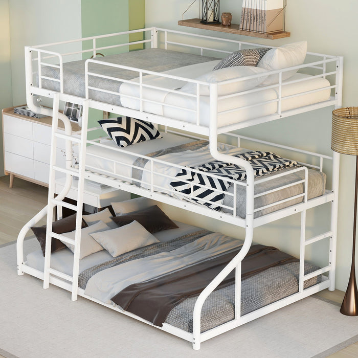 Full Long Over Twin Long Over Queen Size Triple Bunk Bed With Long And Short Ladder - White