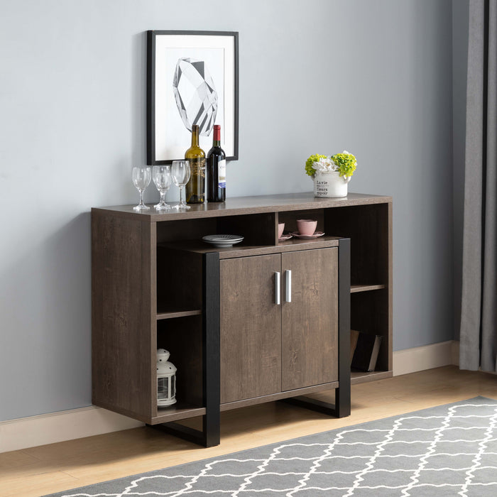 Wine Cabinet, Kitchen Bar Display Cabinet With 4 Shelves & Center Cabinet - Walnut Oak & Black