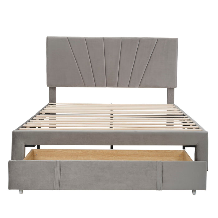 Queen Size Storage Bed Velvet Upholstered Platform Bed With A Big Drawer - Gray