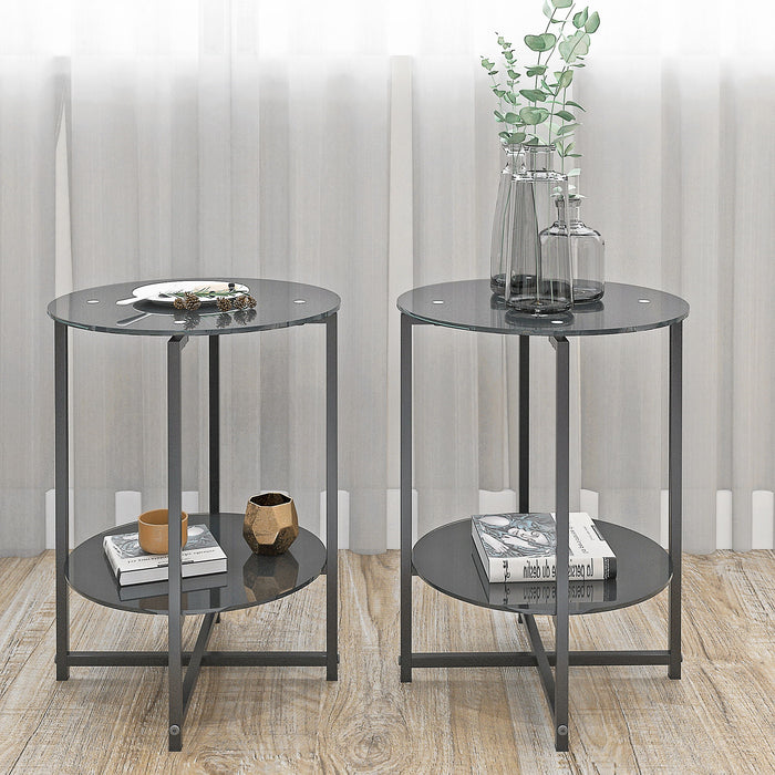 Tempered Glass End Table (Set of 2) , Round Coffee Table For Bedroom Living Room Office - Black