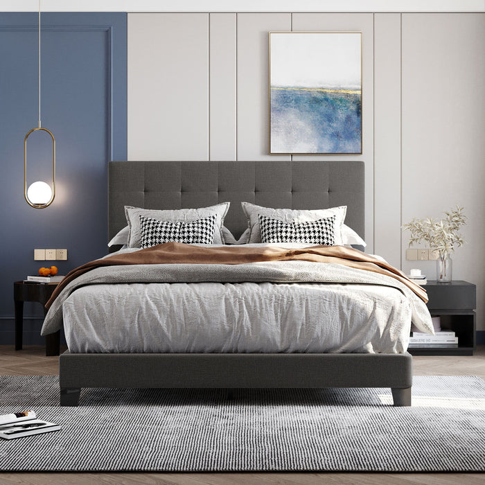 Queen Size Upholstered Platform Bed With Tufted Headboard, No Box Spring Needed - Gray