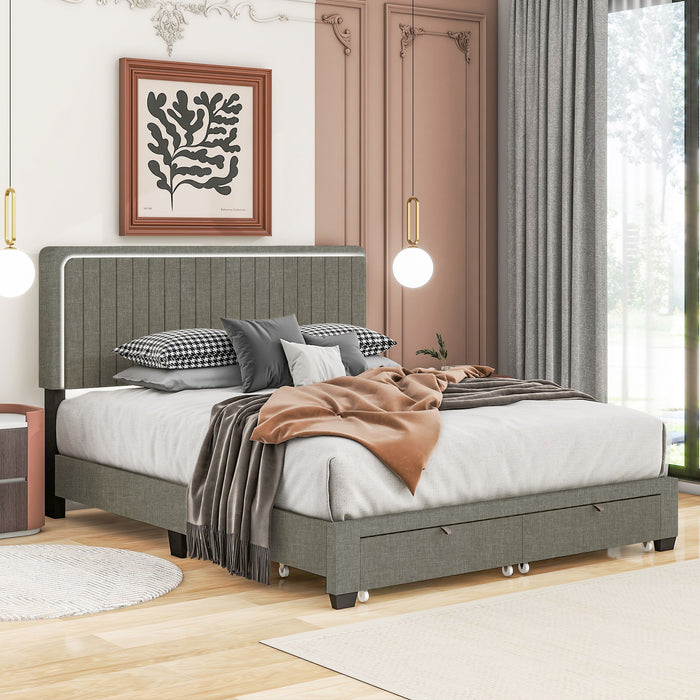 Queen Size Upholstered Bed With Adjustable Height / Mattress 10 To 14" / LED Design With Footboard Drawers Storage / No Box Spring Required - Stone Gray