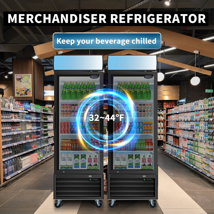 Glass Door Merchandiser Refrigerator 19.3 Cu.Ft Swing Door Commercial Display Refrigerators Merchandising Refrigeration With LED Top Panel - Black