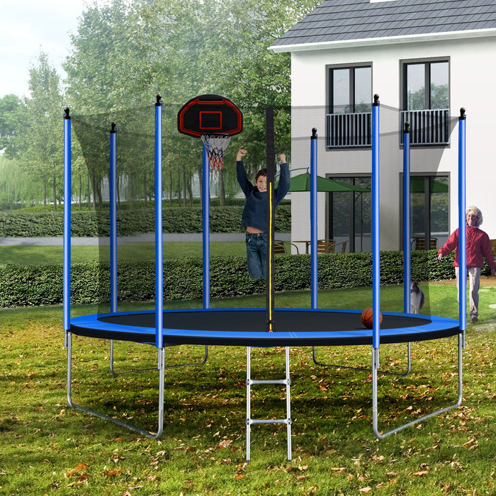 10Ft Trampoline With Basketball Hoop Inflator And Ladder (Inner Safety Enclosure) - Blue