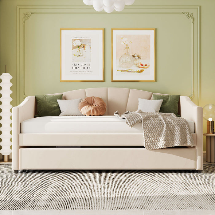 Twin Size Upholstered Daybed Sofa Bed With Trundle Bed And Wood Slat - Beige