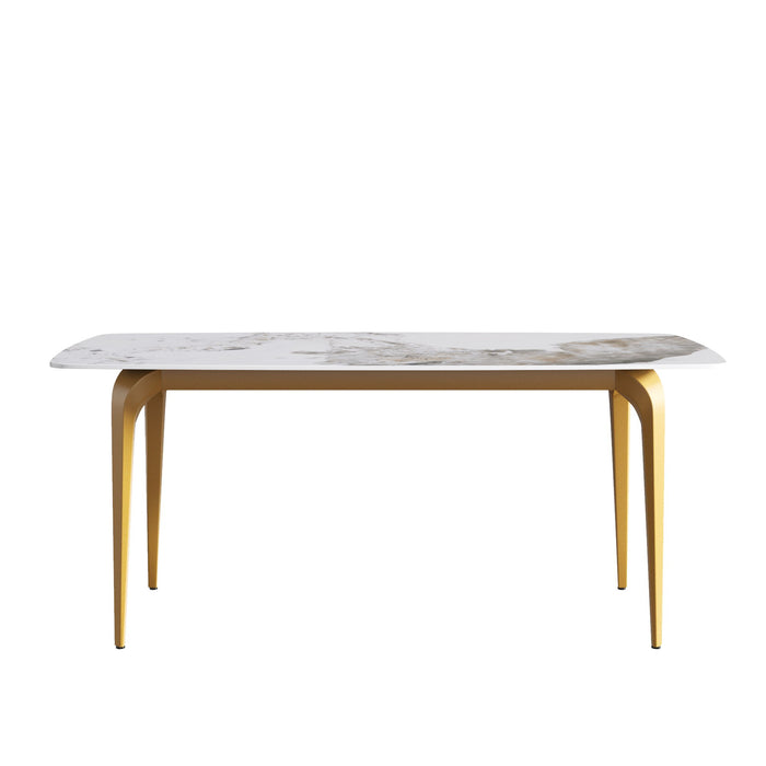 70.87" Modern Artificial Stone Pandora White Curved Golden Metal Leg Dining Table, Can Accommodate 6-8 People - Antique White