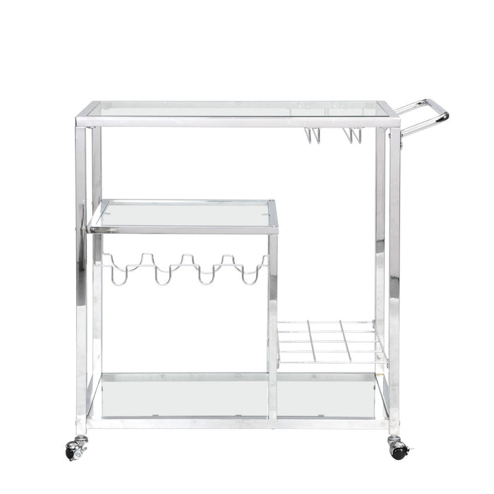 Contemporary Chrome Bar Serving Cart Tempered Glass Metal Frame Wine Storage (Silver) - Silver