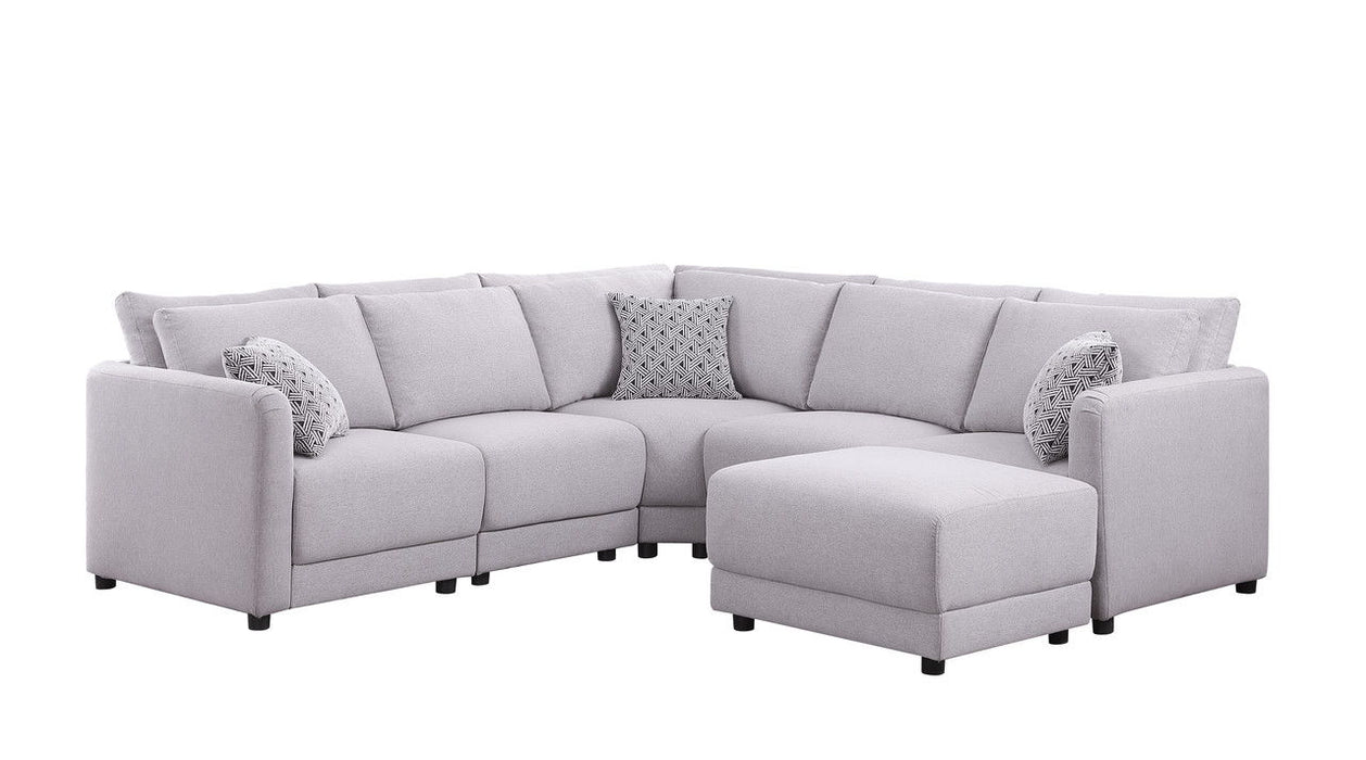 Penelope - Linen Fabric Reversible L-Shape Sectional Sofa With Ottoman And Pillows - Light Gray